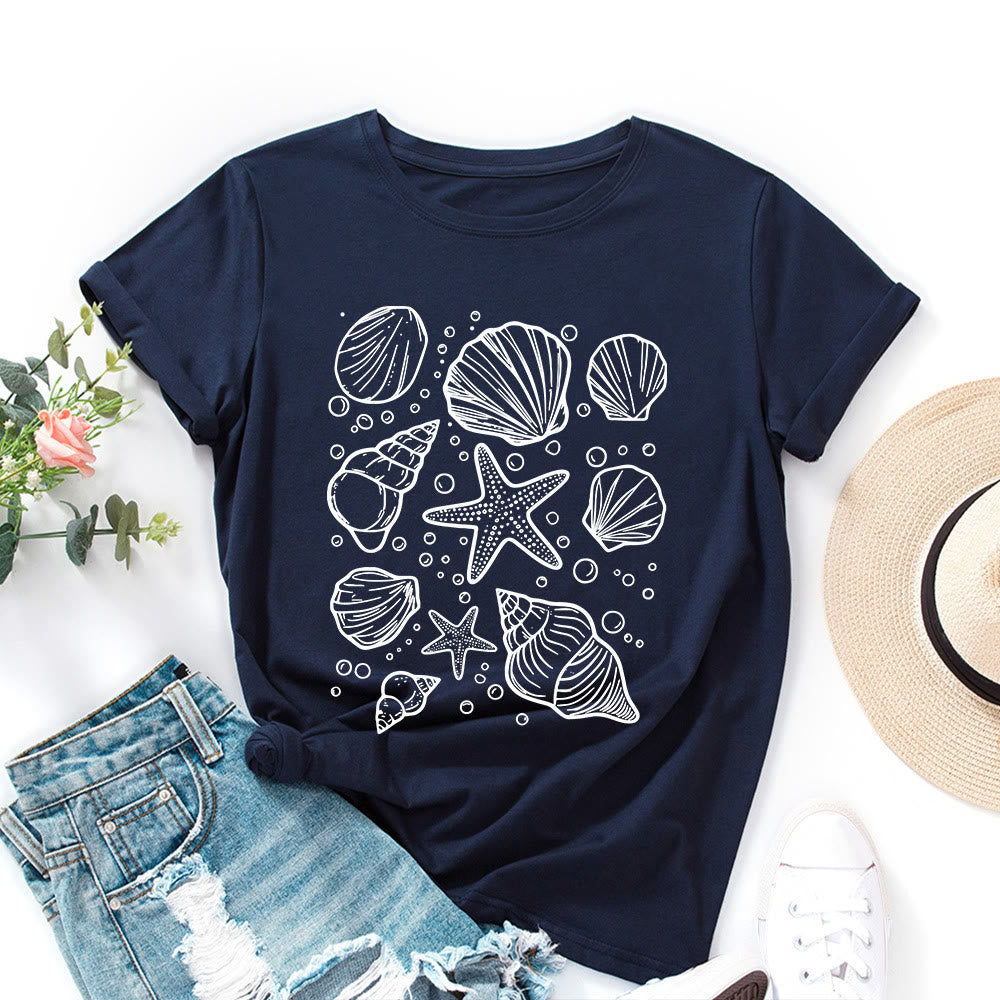 Plusock Plus Size Seashells Print T-shirt - Navy Blue - 5XL - image 9