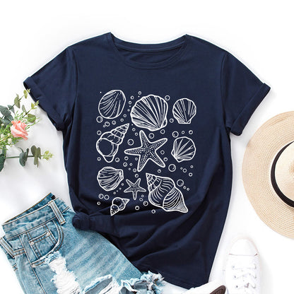 Plusock Plus Size Seashells Print T-shirt - Navy Blue - 5XL - image 9