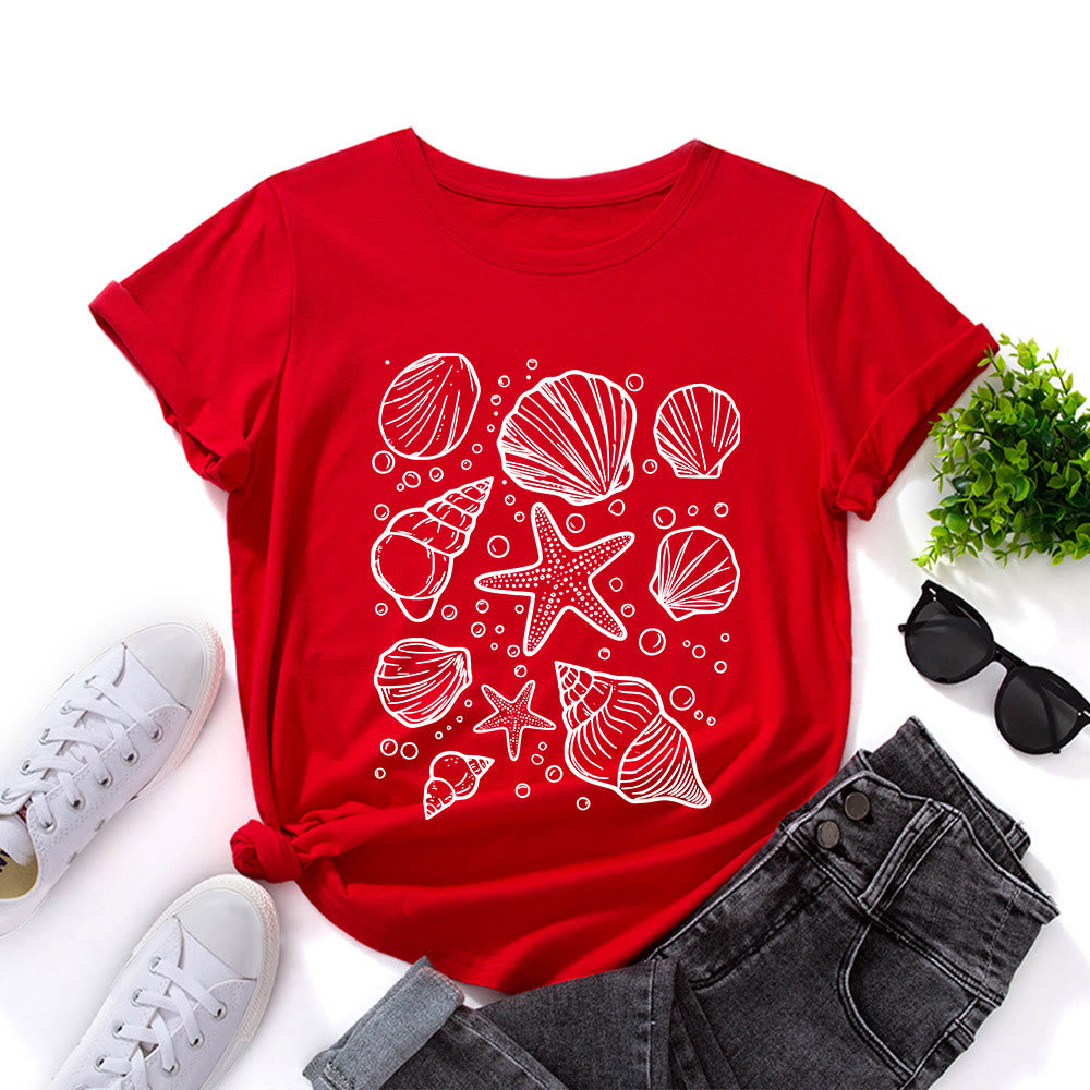 Plusock Plus Size Seashells Print T-shirt - Red - 5XL - image 5