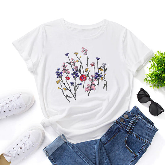 Plusock Plus Size Fresh Flowers Print T-shirt - White - 5XL - image 0