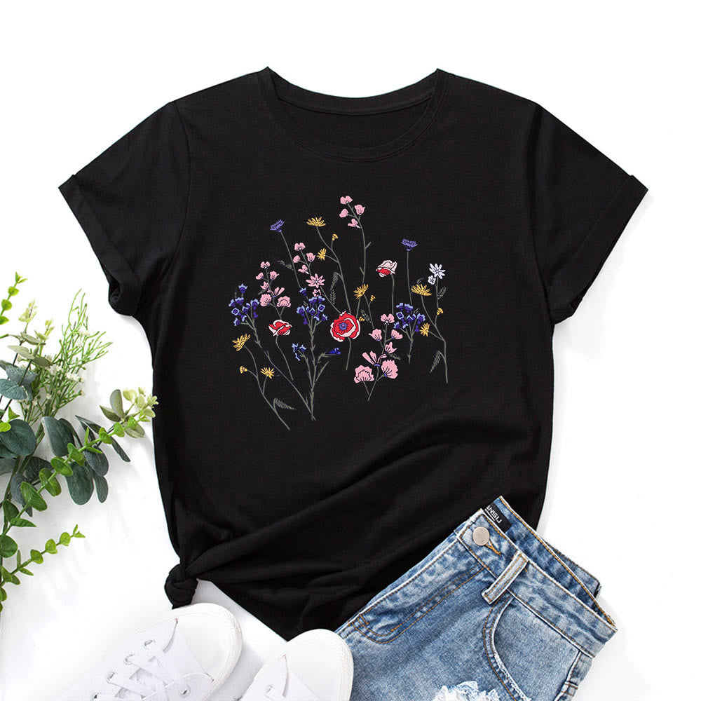 Plusock Plus Size Fresh Flowers Print T-shirt - Black - 5XL - image 1
