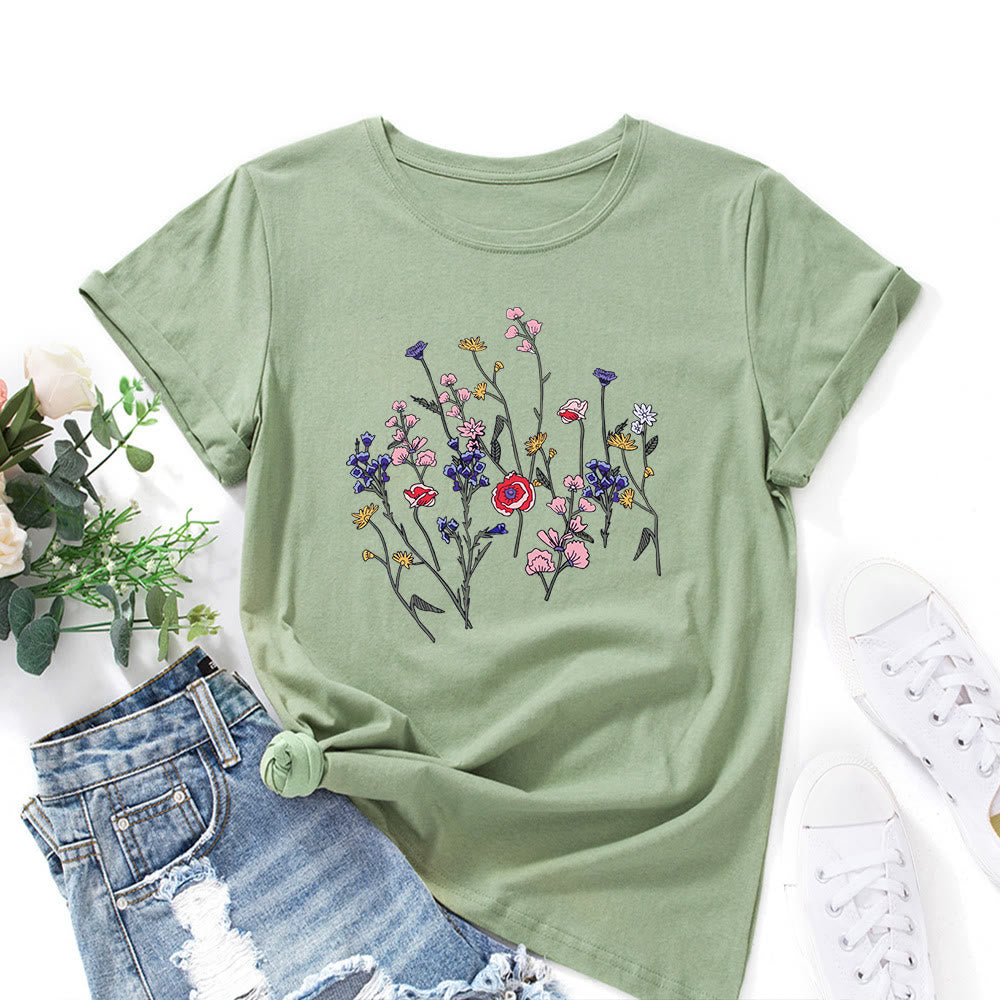 Plusock Plus Size Fresh Flowers Print T-shirt - Olive Green - 5XL - image 5
