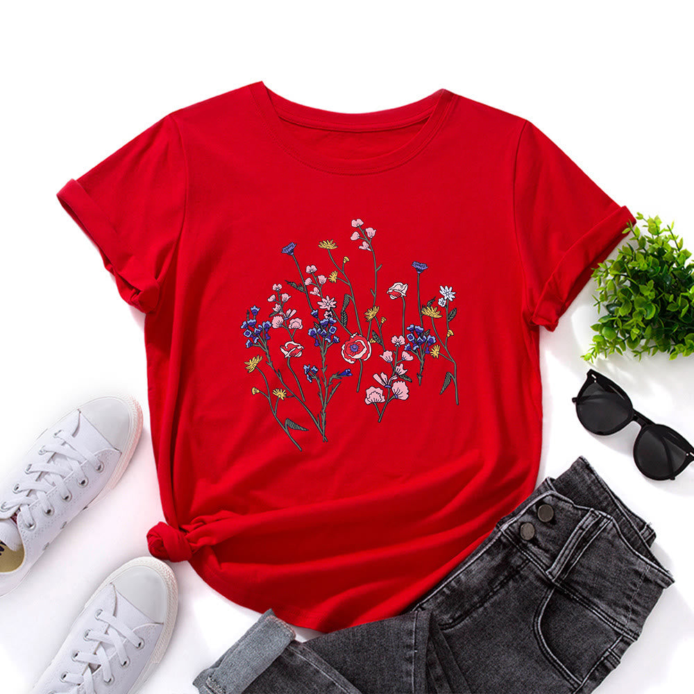 Plusock Plus Size Fresh Flowers Print T-shirt - Red - 5XL - image 2