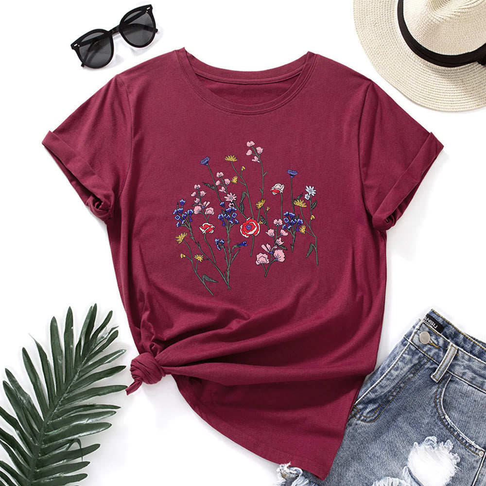 Plusock Plus Size Fresh Flowers Print T-shirt - Wine - 5XL - image 6
