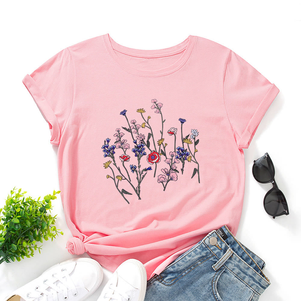 Plusock Plus Size Fresh Flowers Print T-shirt - Pink - 5XL - image 8