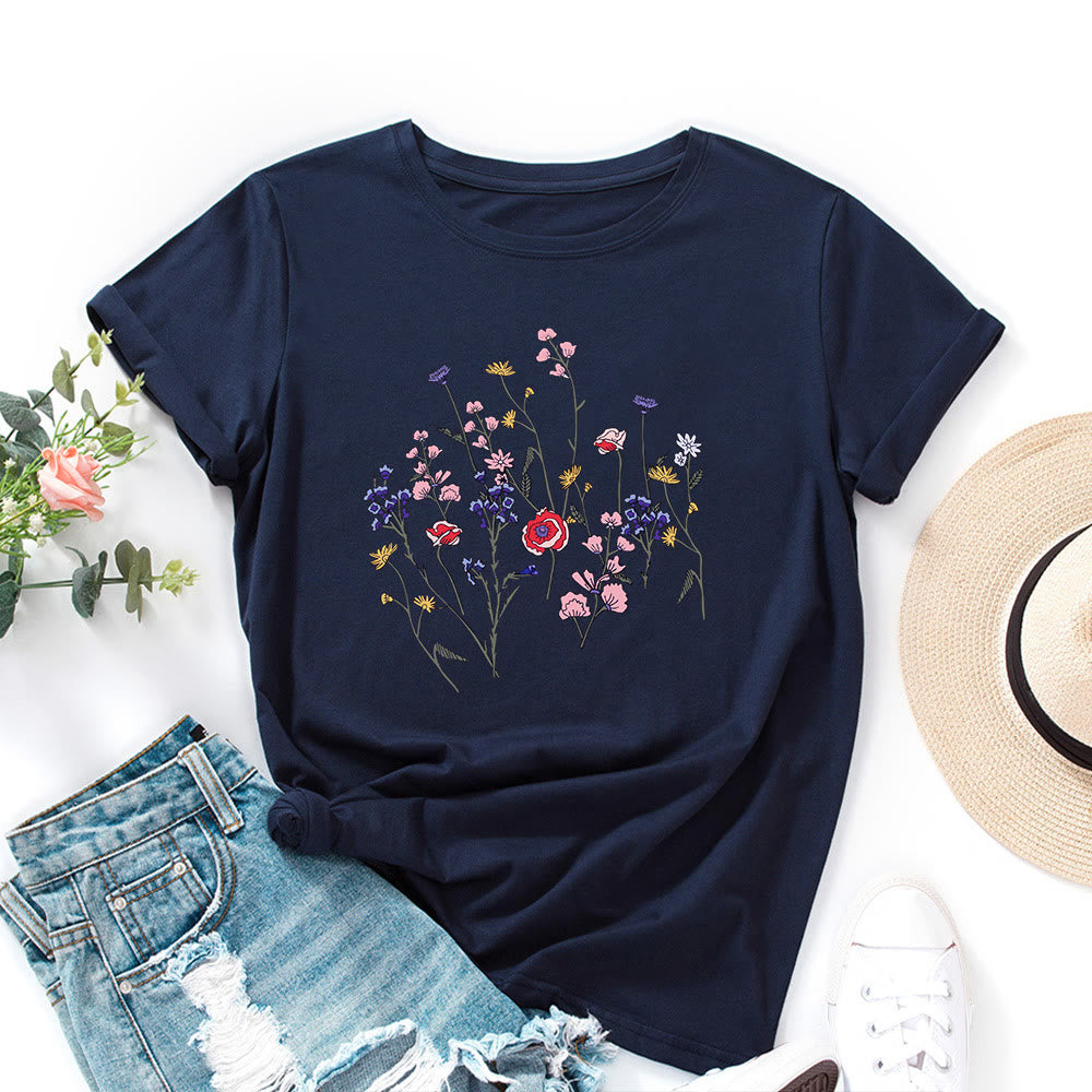 Plusock Plus Size Fresh Flowers Print T-shirt - Navy Blue - 5XL - image 7