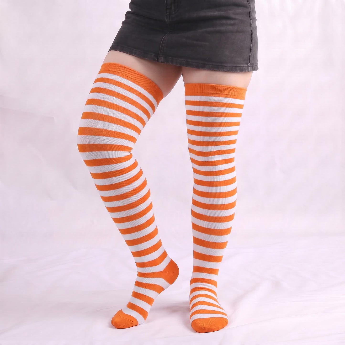 Plusock Soft Striped Casual Thigh High Socks(4 Pairs) - Orange - One Size - image 10