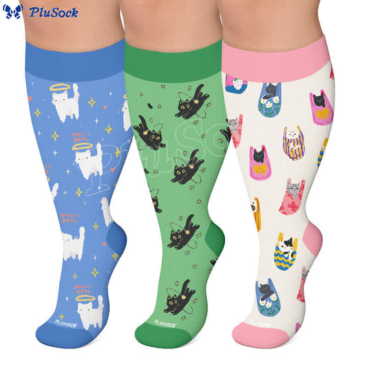 Plusock Plus Size Cartoon Cat Knee High Compression Socks - image 0