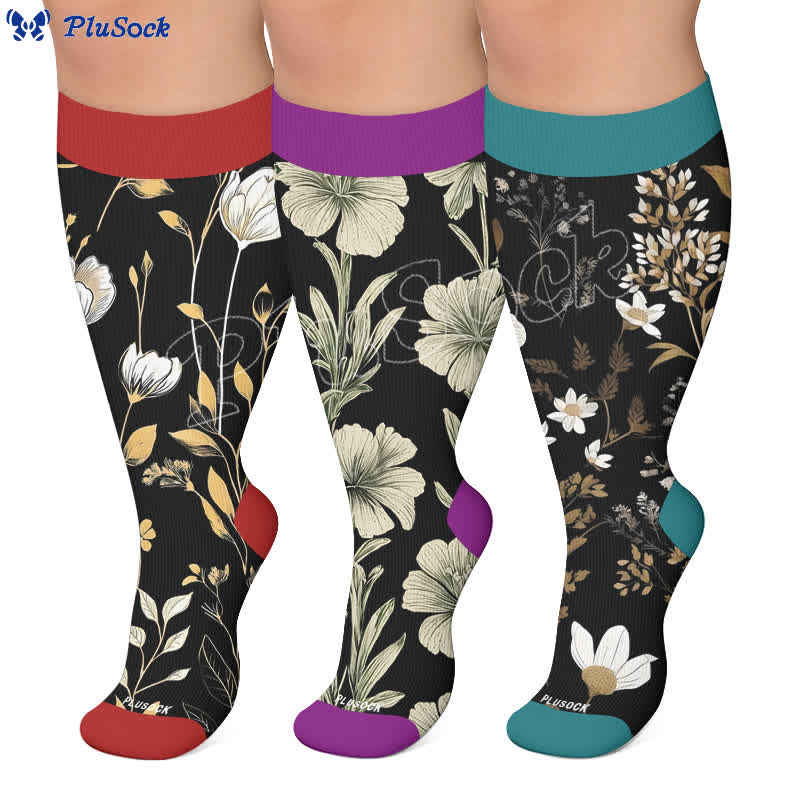 Plusock Plus Size Contrast Color Florals Compression Socks - image 0
