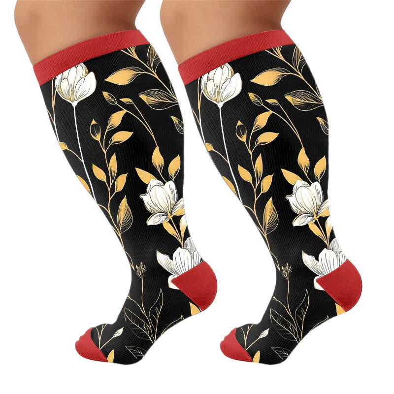 Plusock Plus Size Contrast Color Florals Compression Socks - Red(1 Pair) - 4XL - image 8