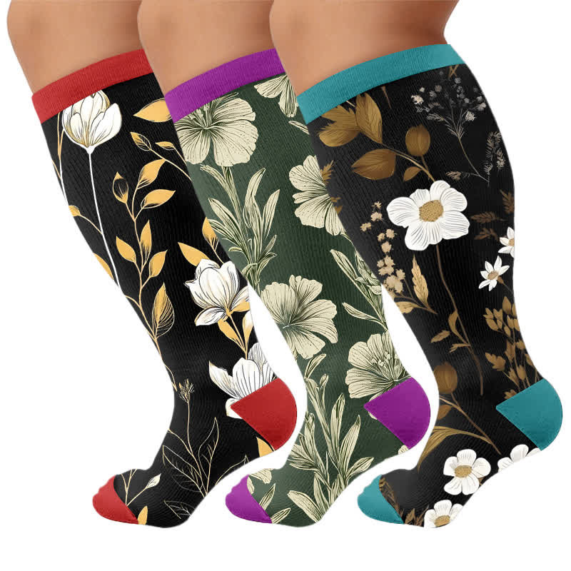 Plusock Plus Size Contrast Color Florals Compression Socks - Multicolor(3 Pairs) - 4XL - image 4