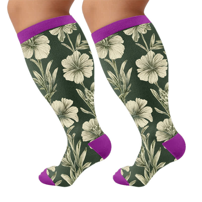 Plusock Plus Size Contrast Color Florals Compression Socks - Purple(1 Pair) - 4XL - image 9