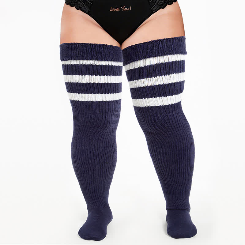 Plusock Retro Sport Thigh High Socks - Navy Blue-A - One Size - image 3