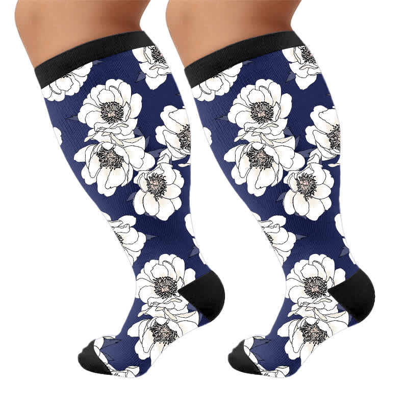 Plusock Plus Size Magnolia Floral Compression Socks - Blue(1 Pair) - 4XL - image 9