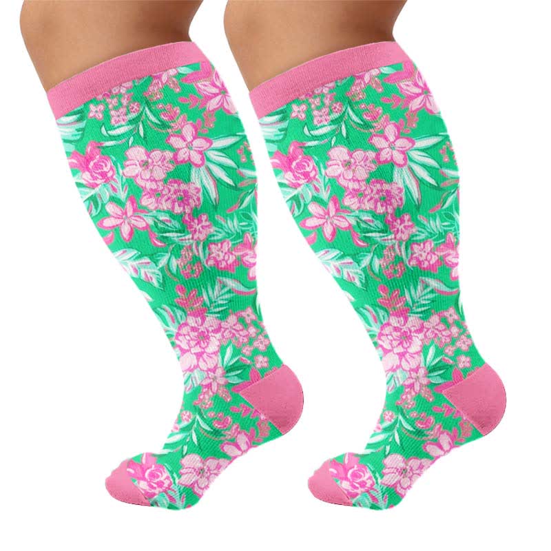 Plusock Plus Size Tropical Floral Compression Socks - Green(1 Pair) - 4XL - image 6