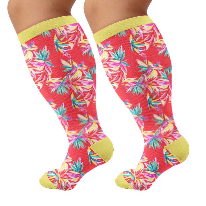 Plusock Plus Size Tropical Floral Compression Socks - Red(1 Pair) - 4XL - image 7