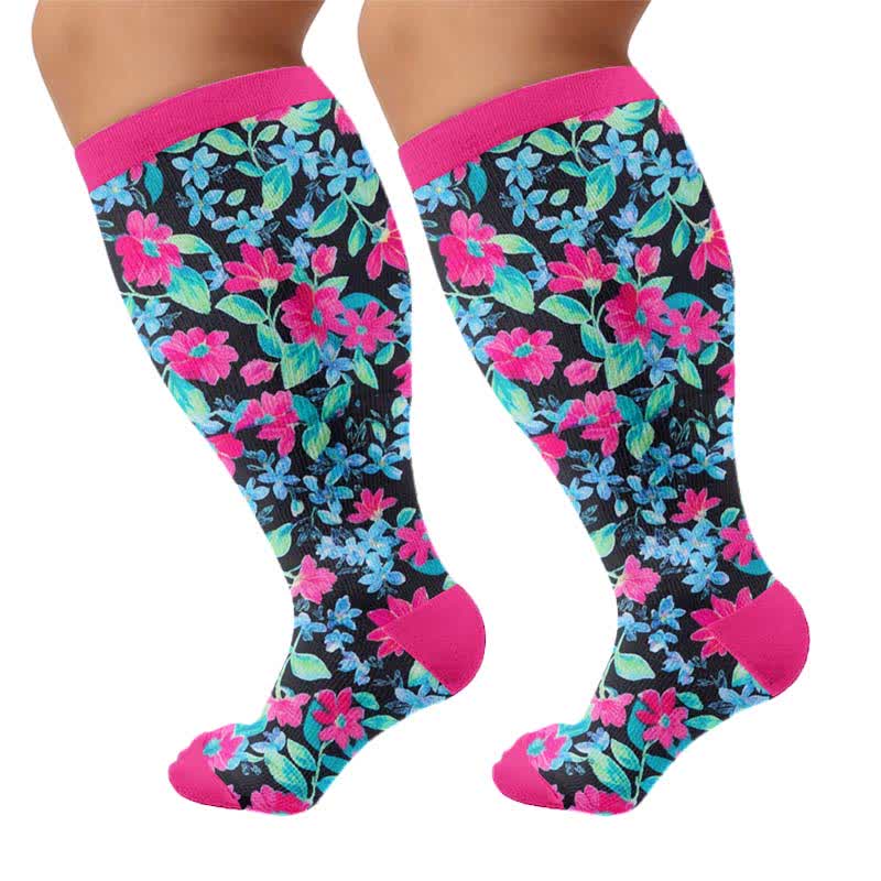 Plusock Plus Size Tropical Floral Compression Socks - Blue(1 Pair) - 4XL - image 5