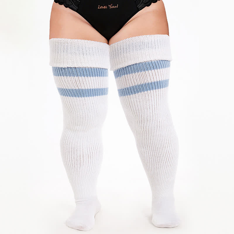 Plusock Varsity Ribbed Thigh High Socks - White-B - One Size - image 2
