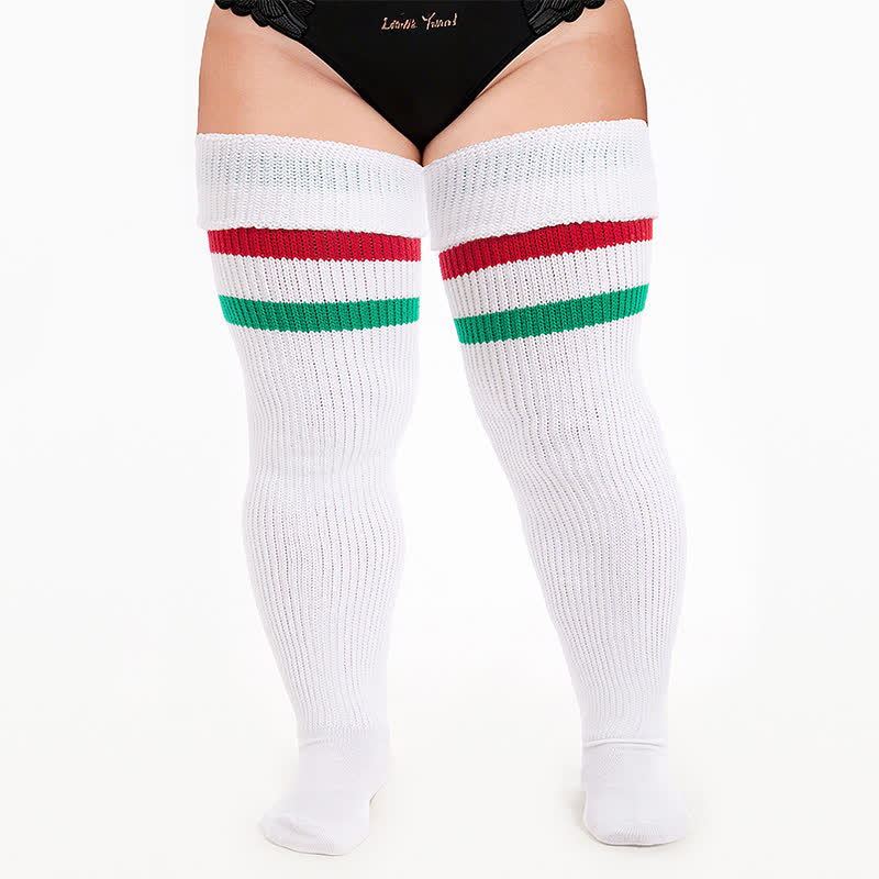Plusock Varsity Ribbed Thigh High Socks - White-C - One Size - image 3