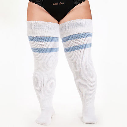 Plusock Varsity Ribbed Thigh High Socks - White-B - One Size - With Elastic Strap - image 2