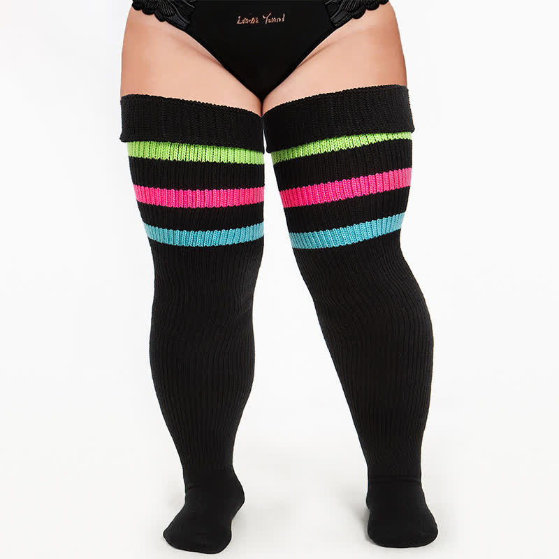 Plusock Varsity Ribbed Thigh High Socks - Black - One Size - image 1