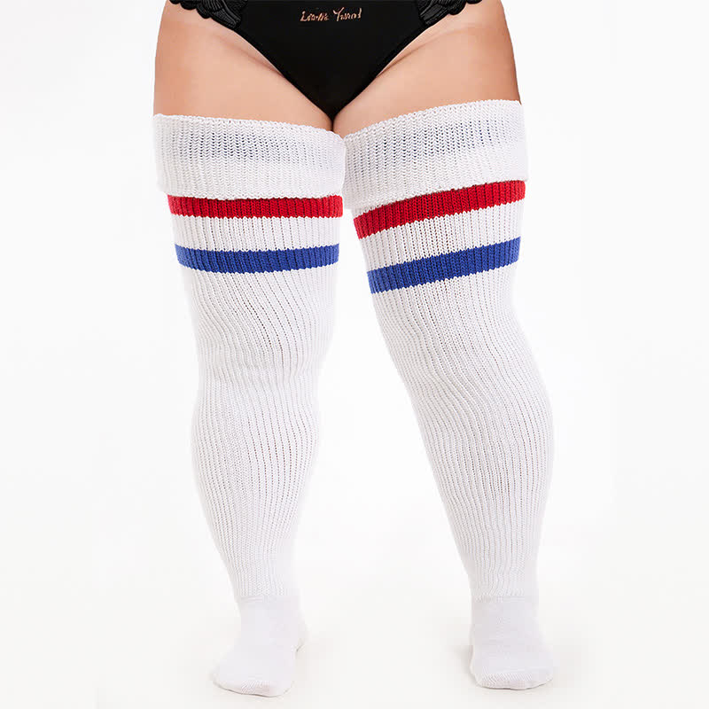 Plusock Varsity Ribbed Thigh High Socks - White-D - One Size - image 4