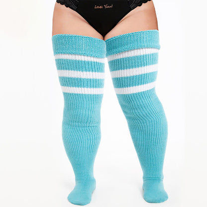 Plusock Cozy Ribbed Thigh High Socks - Blue-B - One Size - With Elastic Strap - image 1