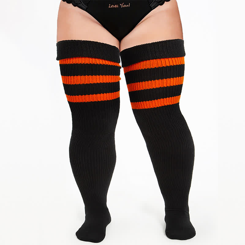 Plusock Ribbed Sport Thigh High Socks - Black-A - One Size - image 1