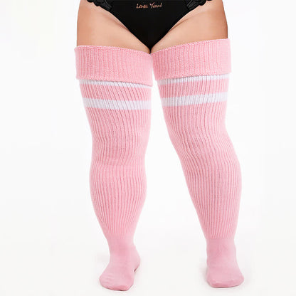 Plusock Ribbed Sport Thigh High Socks - Light Pink-A - One Size - With Elastic Strap - image 6