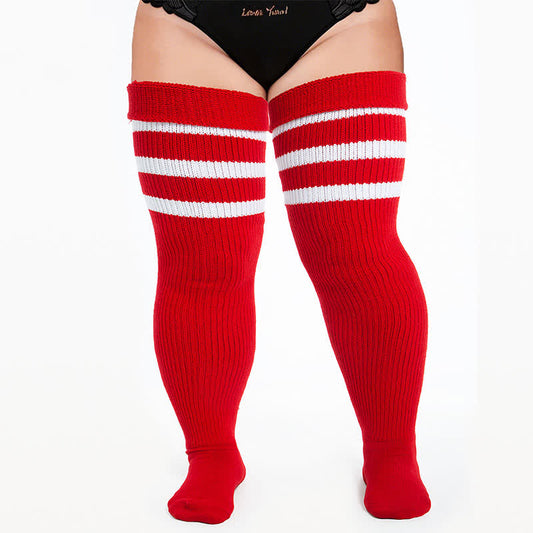 Plusock Ribbed Sport Thigh High Socks - Red-A - One Size - image 0
