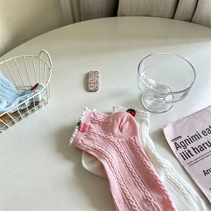 Plusock Cherry Ribbed Cotton Quarter Socks (2 Pairs) - Pink - EU35-40(US2-7) - image 3