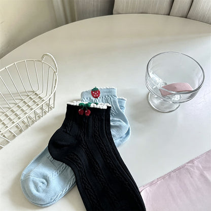 Plusock Cherry Ribbed Cotton Quarter Socks (2 Pairs) - Blue+Black - EU35-40(US2-7) - image 7
