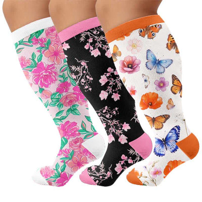 Plusock Plus Size Floral Print Compression Socks - Multicolor(3 Pairs) - 4XL - image 4