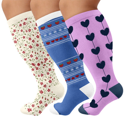Plusock Plus Size Floral Nordic Heart Compression Socks - Multicolor(3 Pairs) - 4XL - image 1