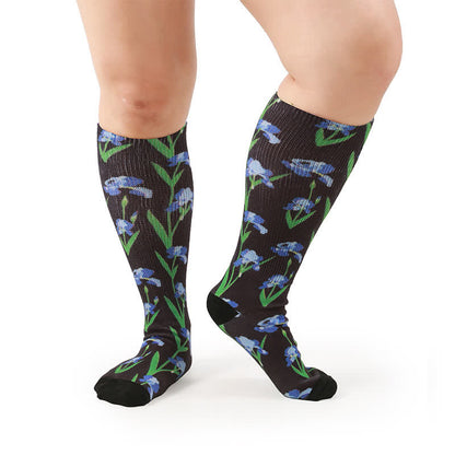 Plusock Plus Size Floral Garden Knee High Socks - Dark Blue - One Size - image 8
