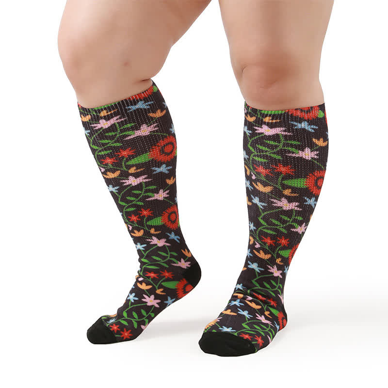 Plusock Plus Size Floral Garden Knee High Socks - Black-A - One Size - image 4