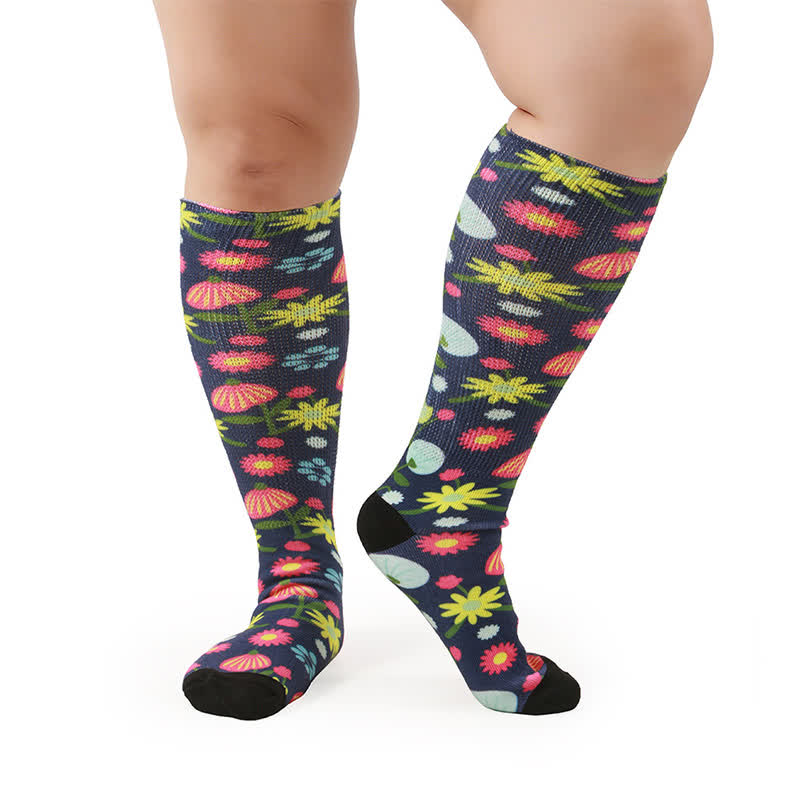 Plusock Plus Size Floral Garden Knee High Socks - Black-B - One Size - image 5