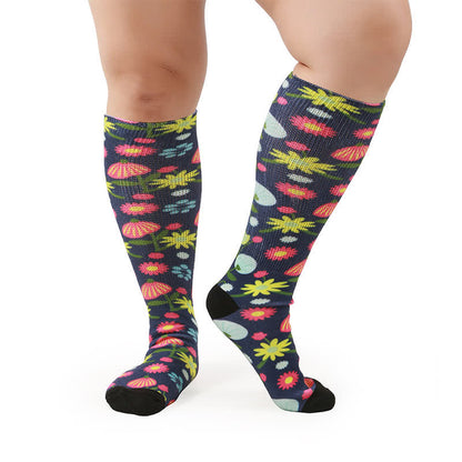 Plusock Plus Size Floral Garden Knee High Socks - Black-B - One Size - image 5