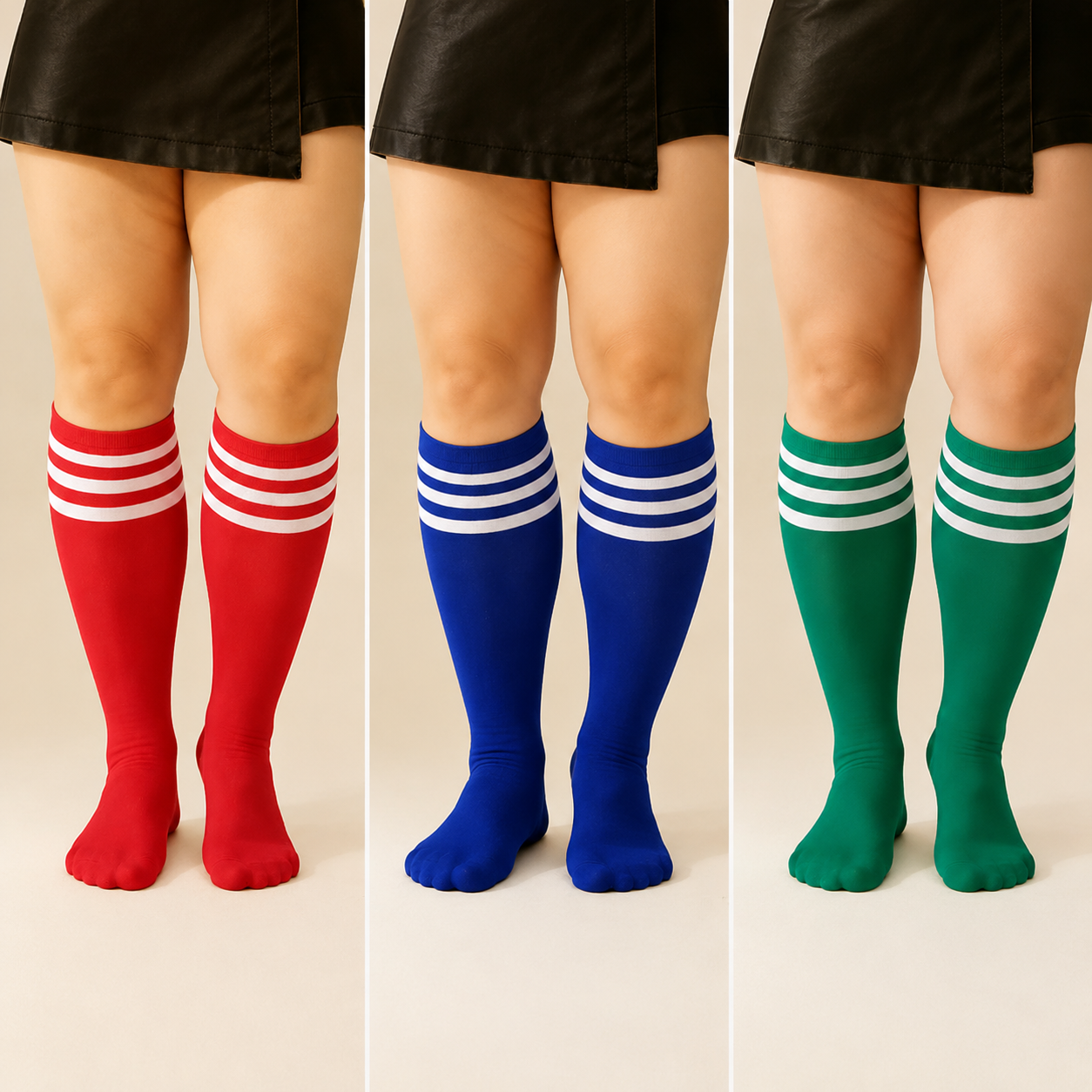 Plusock Striped Breathable Knee High Socks (3 Pairs) - Red+Green+Royal Blue - One Size - image 9