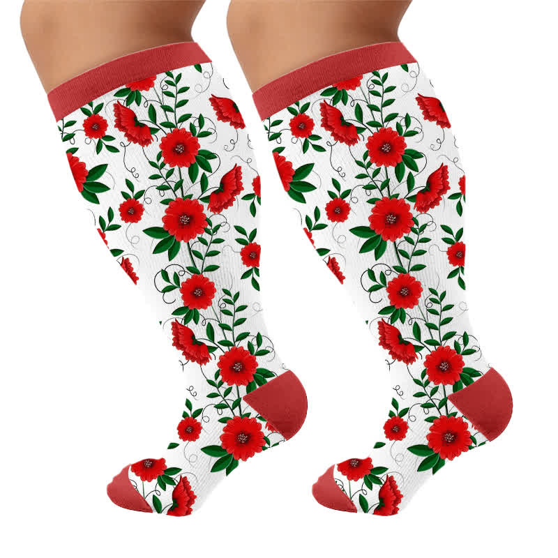Plusock Plus SizeVibrant Flowers Compression Socks - Red(1 Pair) - 4XL - image 10