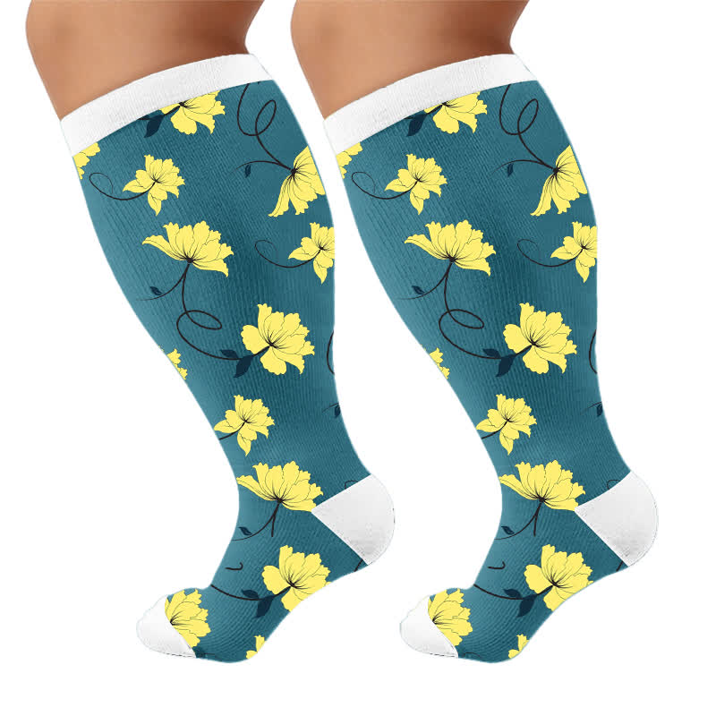 Plusock Plus SizeVibrant Flowers Compression Socks - Blue(1 Pair) - 4XL - image 8