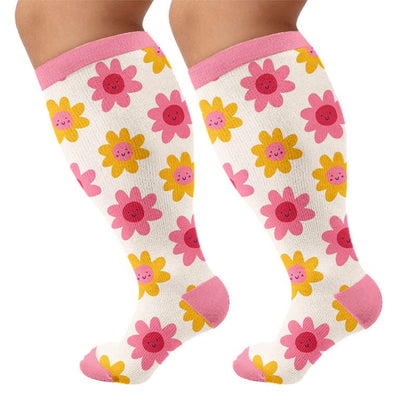 Plusock Plus Size Floral White Compression Socks - Pink(1 Pair) - 4XL - image 10