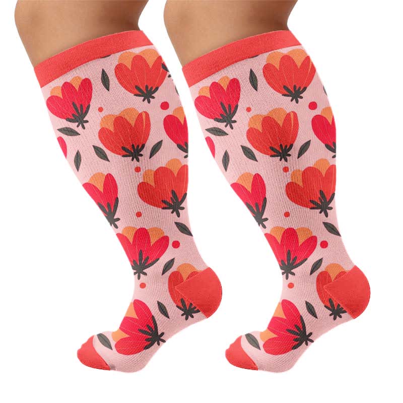 Plusock Plus Size Floral White Compression Socks - Red(1 Pair) - 4XL - image 9