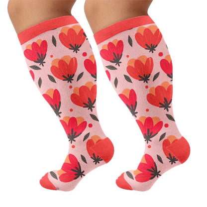 Plusock Plus Size Floral White Compression Socks - Red(1 Pair) - 4XL - image 9