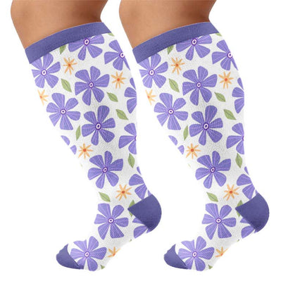 Plusock Plus Size Floral White Compression Socks - Blue(1 Pair) - 4XL - image 8