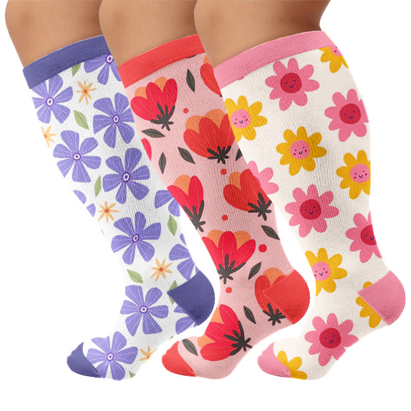 Plusock Plus Size Floral White Compression Socks - Multicolor(3 Pairs) - 4XL - image 4