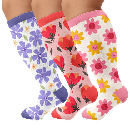 Plusock Plus Size Floral White Compression Socks - Multicolor(3 Pairs) - 4XL - image 4
