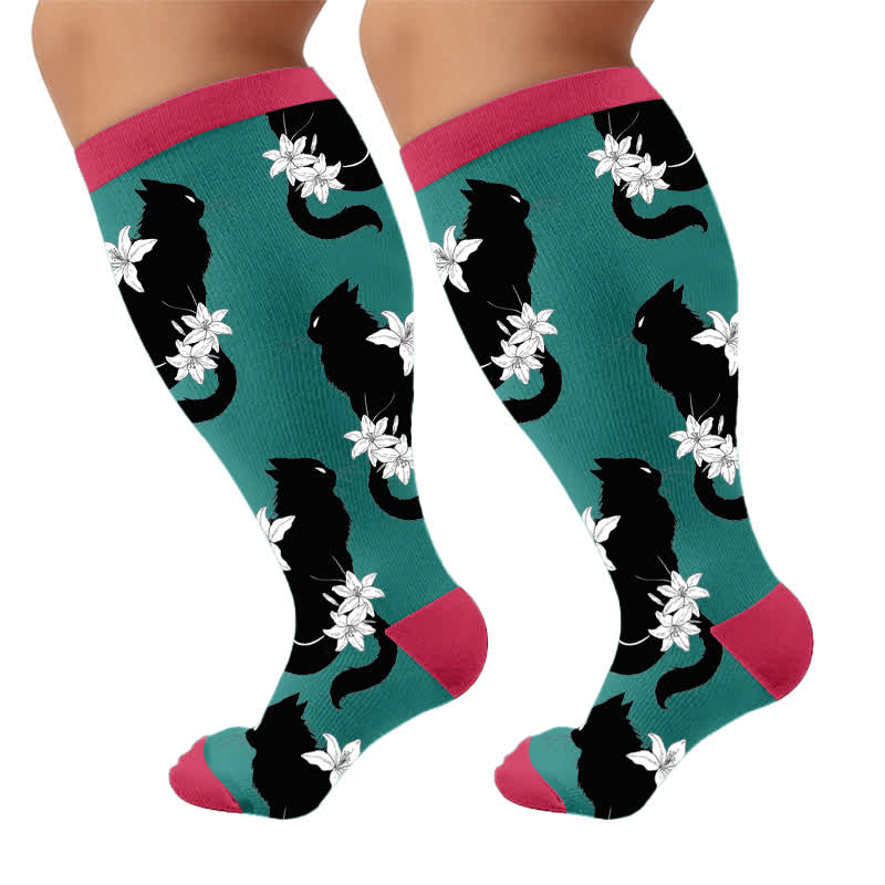 Plusock Plus Size Cat Floral Compression Socks - Blue(1 Pair) - 4XL - image 9