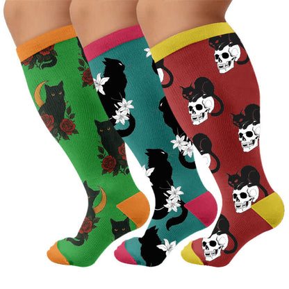 Plusock Plus Size Cat Floral Compression Socks - Multicolor(3 Pairs) - 4XL - image 4