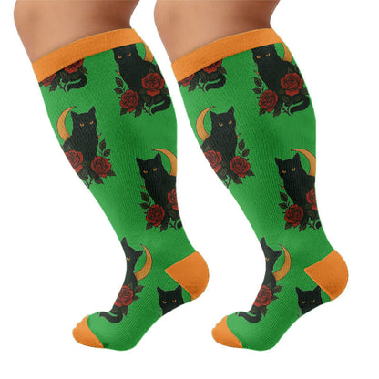 Plusock Plus Size Cat Floral Compression Socks - Green(1 Pair) - 4XL - image 8